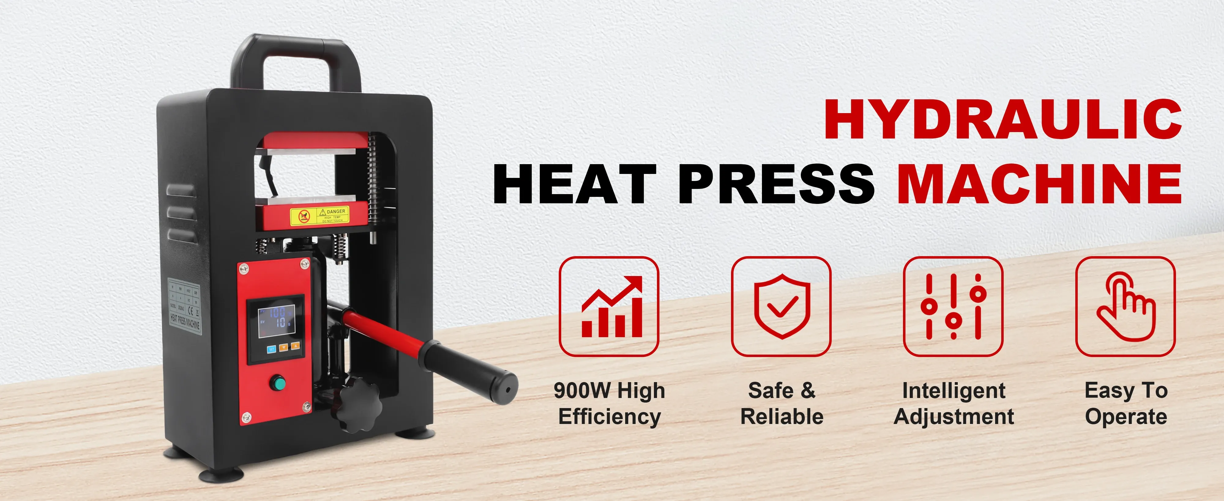 Compact black and red hydraulic heat press machine with a side lever, digital control panel, and top handle, shown on a light wood surface with large promotional text and feature icons.